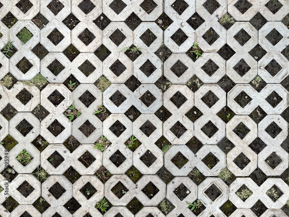 Close up of molded grey paving stone in diamond pattern. This diamond shape paving is used mostly in car park, car port, or landscape garden for flooring. Seamless background texture. Close up of molded grey paving stone in diamond pattern. This diamond shape paving is used mostly in car park, car port, or landscape garden for flooring. Seamless background texture.