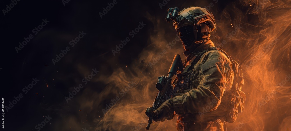 Fototapeta premium The soldier standing resiliently amidst smoke and fire in a tactical environment.