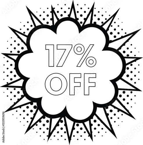 A seventeen percent off sale boldly declares itself using black and white outlined shapes against white