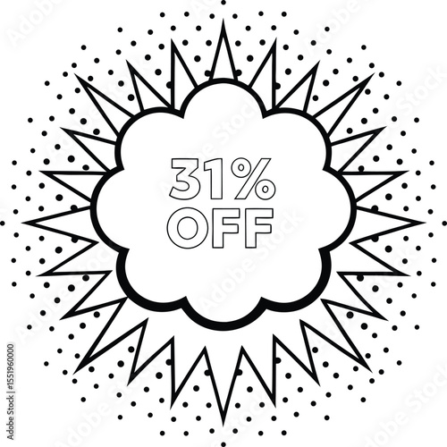 A bold comicstyle cloud declares thirtyone percent off against a dotted background for promotional use