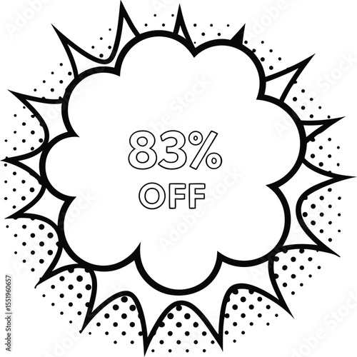 Eightythree percent off inside outlined bursting cloud amidst halftone pattern on a transparent background
