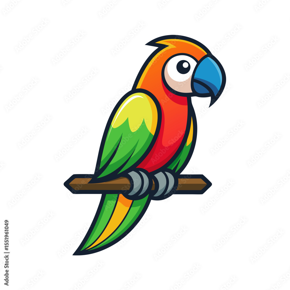Fototapeta premium Colorful cartoon parrot perched on a branch with a black background
