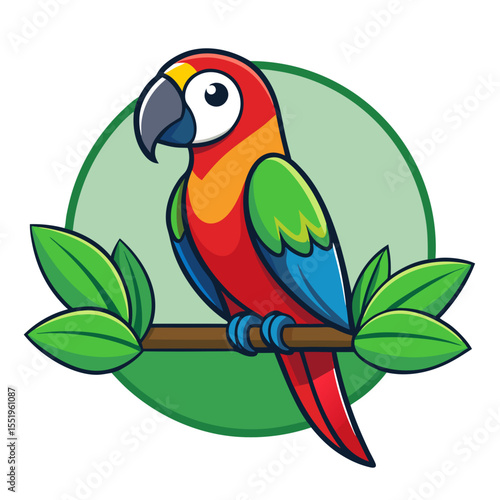 Colorful cartoon macaw parrot perched on a branch with leaves