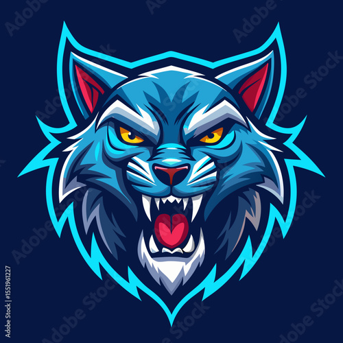Fierce blue wolf head with glowing yellow eyes roaring aggressively