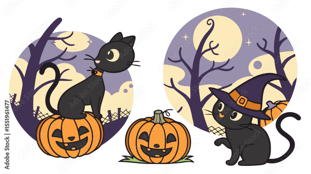Cute black cats and jack o lanterns on a spooky halloween night Cute black cats and jack o lanterns on a spooky halloween night