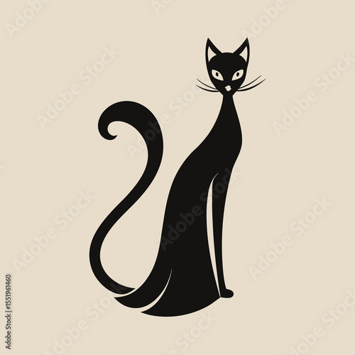 Elegant silhouette of a black cat with a curled tail
