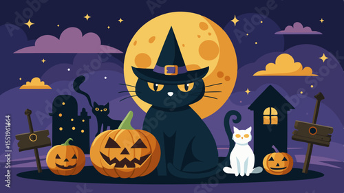Spooky halloween night with black cat pumpkins and full moon