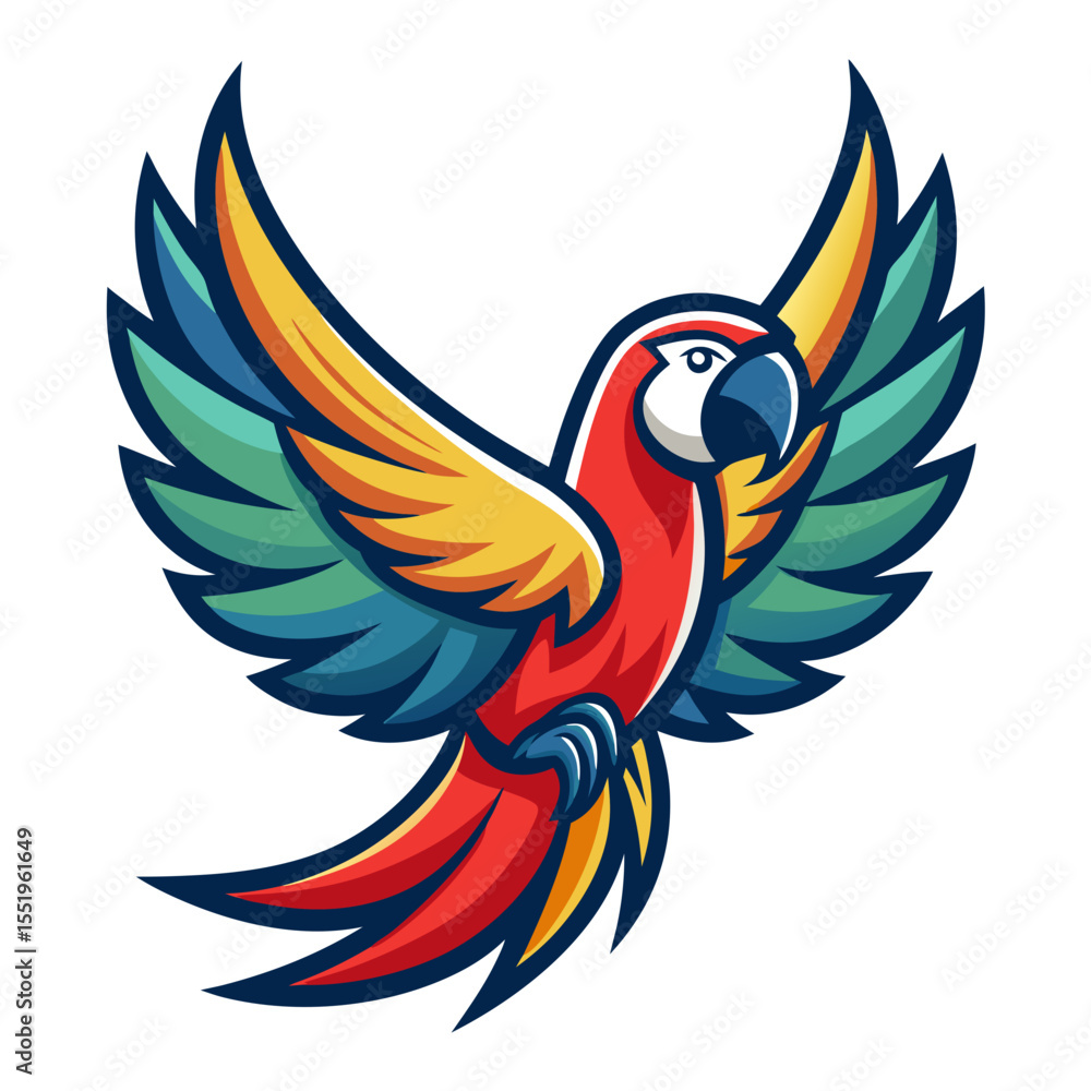 Obraz premium Vibrant macaw parrot flying with wings spread wide in cartoon style