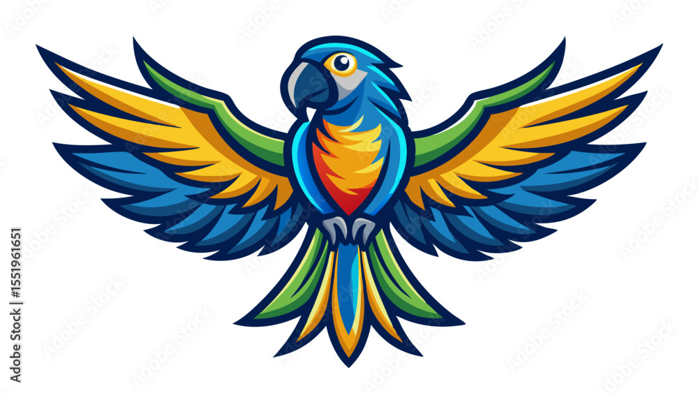 Fototapeta premium Vibrant blue and yellow macaw parrot with wings spread wide