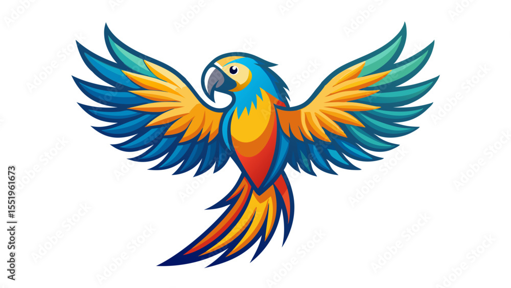 Obraz premium Vibrant blue and yellow macaw parrot in flight with spread wings