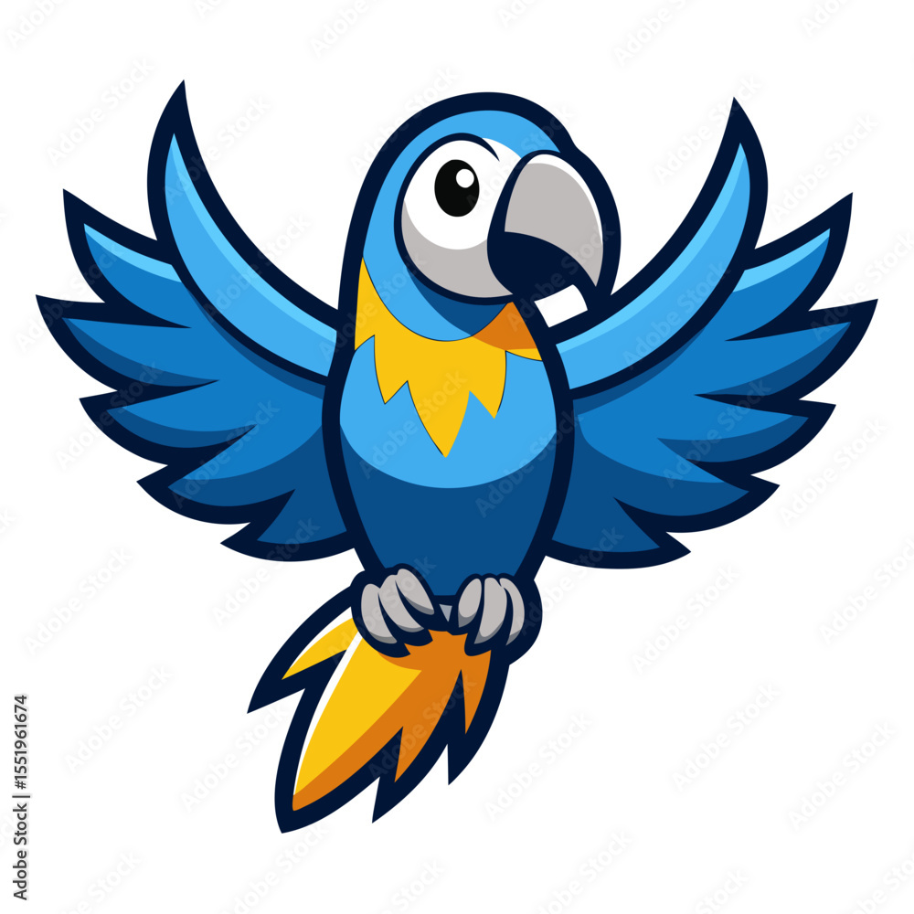 Obraz premium Cartoon blue and yellow macaw parrot with wings spread wide