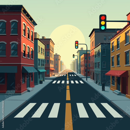 Urban Street with Crosswalk and Traffic Lights