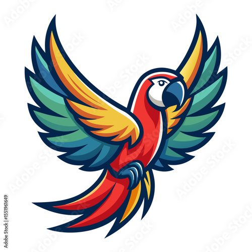 Vibrant macaw parrot flying with wings spread wide in cartoon style