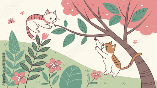 Two playful kittens climbing a tree in a vibrant spring garden