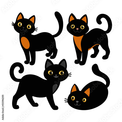 Four adorable cartoon black cats with orange accents on a black background