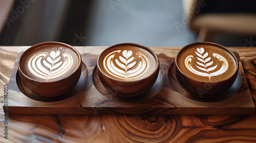latte art, cappuccino, coffee shop, wooden table, ceramic cups, frothy milk, intricate designs, cozy ambiance, warm tones, coffee shop aesthetic, barista craftsmanship
