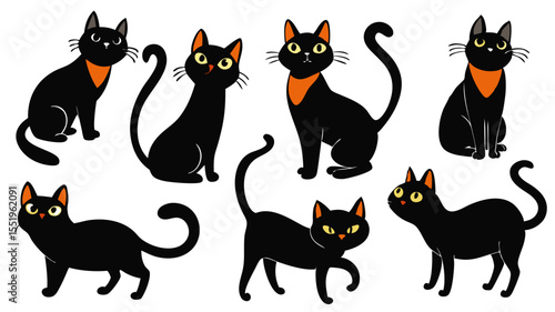 Collection of adorable black cats with orange accents in various poses