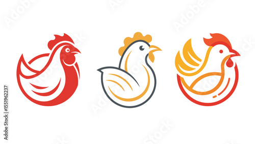 Three stylized chicken logos in red white and black colors