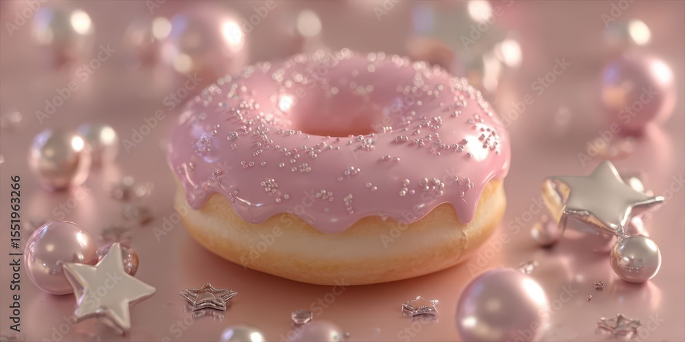 Pastel Pink Donut on Gift Box with Stars and Spheres - Sweet Dessert Decor Pastel Pink Donut on Gift Box with Stars and Spheres - Sweet Dessert Decor
