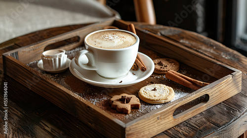 detailed high quality photograph, close-up of a cappuccino coffee served on a wooden tray, with a delicate milk foam latte art design, accompanied by homemade cookies or biscuits, warm lighting, rusti
