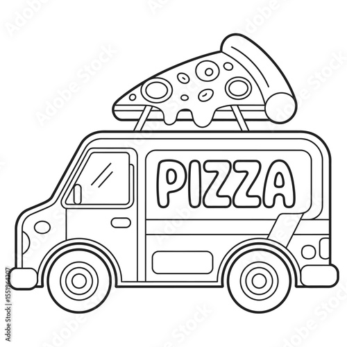 Black and white pizza truck illustration with a slice on top