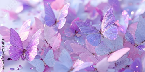 Pastel Purple and Pink Glitter Butterflies with Confetti on White Background
