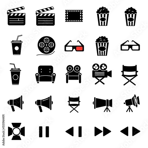 Classic Cinema Icons Collection: Film Reel, Clapperboard, Popcorn, 3D Glasses, Director Chair, Movie Camera, Spotlight, and More