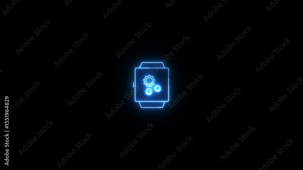 Animated smartwatch with neon blue gear settings on black background. reminders, and real-time updates. Symbolizes wearable tech communication and digital connectivity. Animated smartwatch with neon blue gear settings on black background. reminders, and real-time updates. Symbolizes wearable tech communication and digital connectivity.