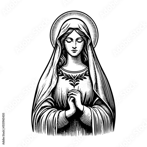 Virgin mary engraving black and white outline. Scratch board imitation. illustrated in vintage line art style on a white background.