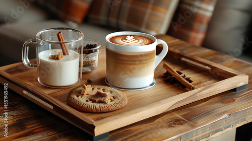 wooden tray, coffee mug, cappuccino, milk froth art, cinnamon stick, wooden background, warm lighting, cozy atmosphere

