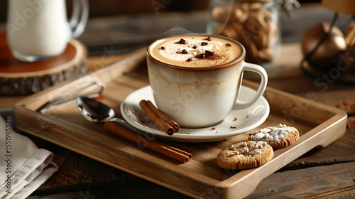 wooden tray, coffee cup, frothy cappuccino, cinnamon sticks, wooden background, cozy cafe atmosphere, warm lighting, close-up shot, muted color palette, detailed textures
