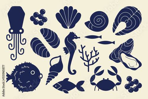Seafood silhouettes. Abstract fish and underwater animal icons, aquarium sea fish mollusk shapes, crab oyster salmon fugu octopus. Vector isolated marine set
