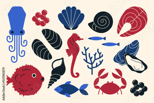Seafood set. Abstract fish and underwater animal icons, aquarium sea fish mollusk shapes, crab oyster salmon fugu octopus. Vector isolated marine collection