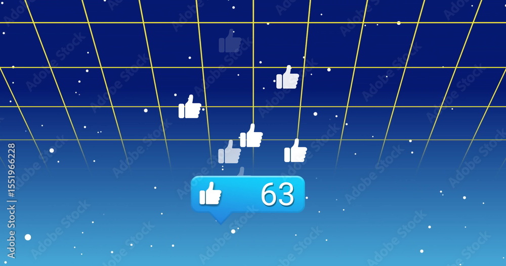 Fototapeta premium Hovering blue speech bubble counter showing 63 above yellow grid with white stars, thumbs-up icons