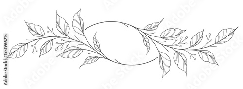 floral leaves line art isolated on white background. Divider doodle leaf and flowers, nature border decorative element vector illustration