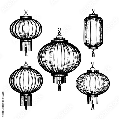 Chinese lantern sketch engraving black and white outline. Scratch board imitation.
