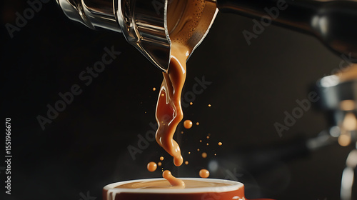 a steaming hot coffee being poured into a white ceramic cup, close-up shot of the liquid flowing, warm tones, chiaroscuro lighting, detailed realistic illustration, ultra detailed, intricate, hyperrea