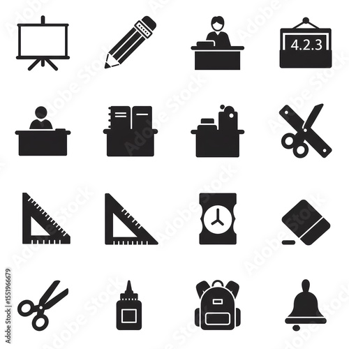 Collection of Black and White School Supply Icons featuring Backpack Pencil Ruler Glue Scissors and more Education Stationery Symbols