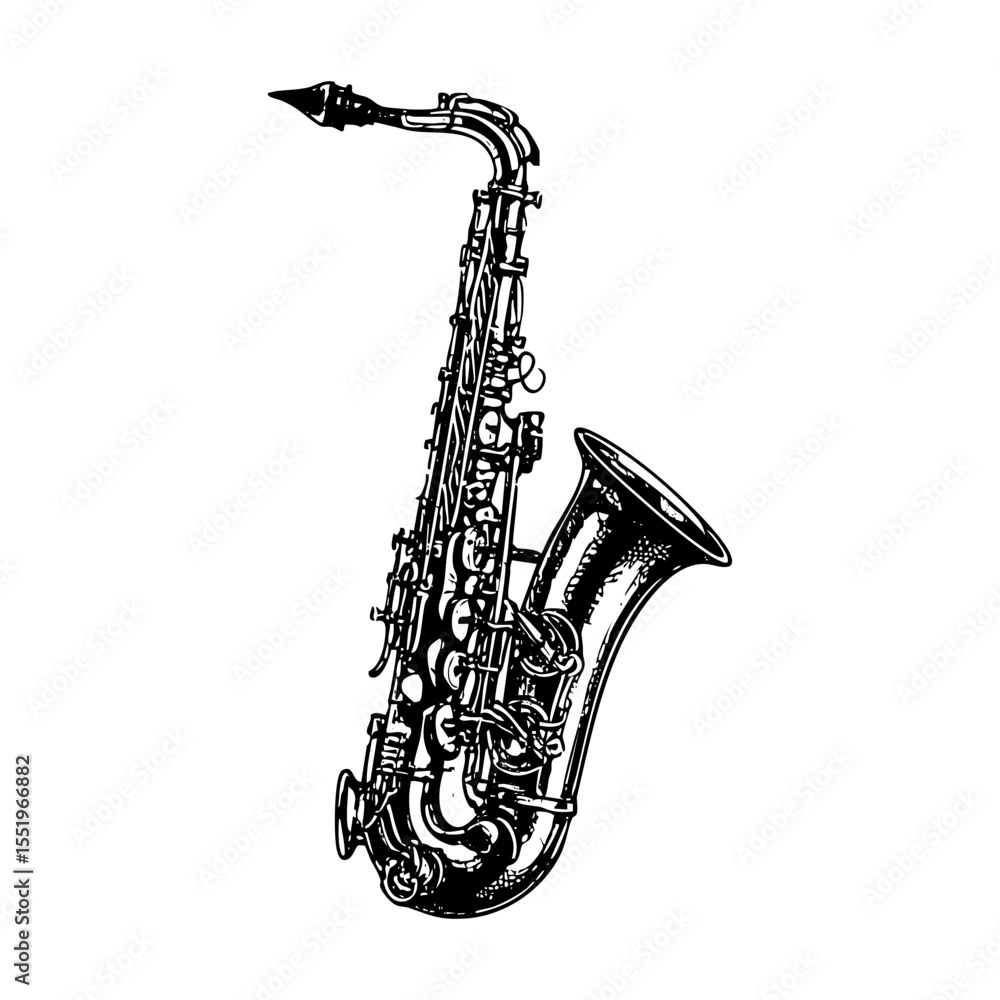 Obraz premium Saxophone sketch engraving black and white outline. Scratch board imitation.