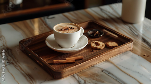 a cup of cappuccino with heart shaped foam, wooden tray, rustic background, natural lighting, close up, detailed, photorealistic
