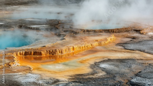 Vibrant Colors of Thermal Hot Springs in National Park Landscape