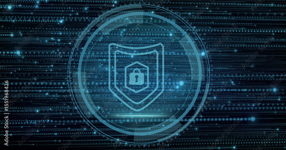 Displaying glowing shield emblem flashing in data network, with padlock icon and binary streams Displaying glowing shield emblem flashing in data network, with padlock icon and binary streams