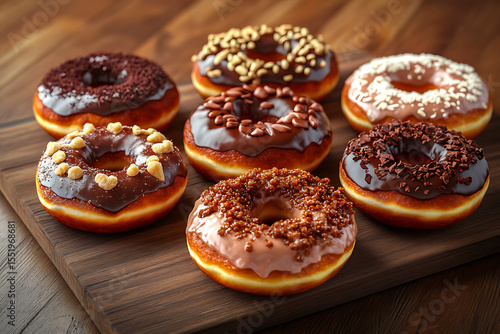 Wallpaper Mural Assorted gourmet donuts with chocolate and sprinkles displayed on a wooden board Torontodigital.ca