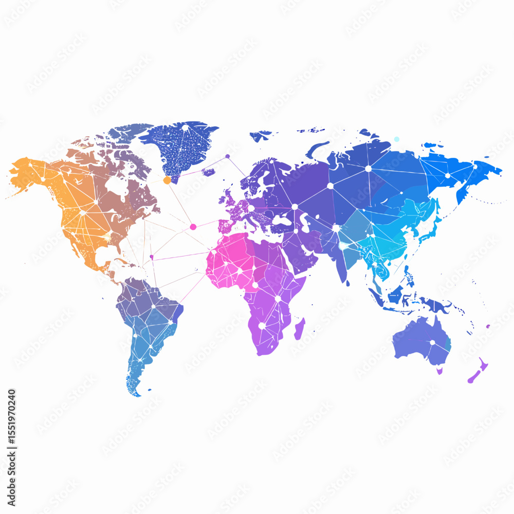 Fototapeta premium Abstract World Map with Polygonal Network in Gradient Colors Overlaid on White Background