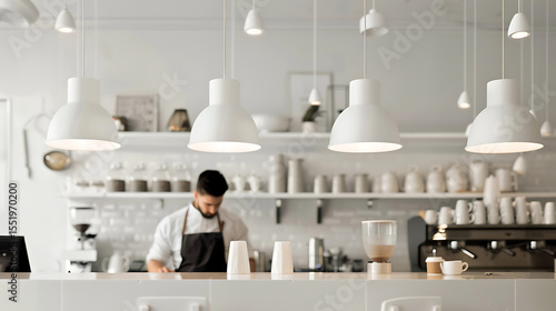 a person wearing an apron standing in a modern, minimalist kitchen with white shelves and pendant lights

