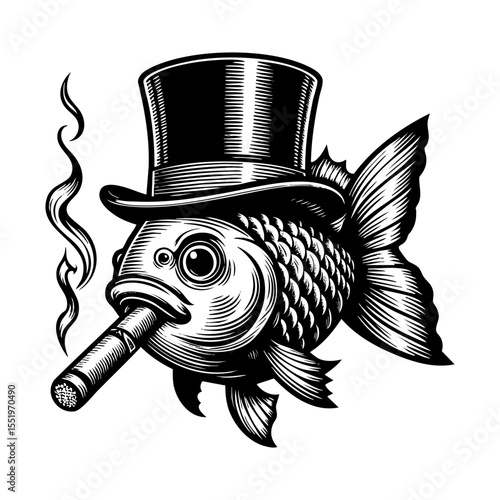 gold fish wear top hat and smoking cigar sketch engraving black and white outline. Scratch board imitation.  illustrated in vintage line art style on a white background.