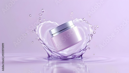 Beauty cream jar mockup product skincare splash water lavender background cosmetic packaging spa treatment