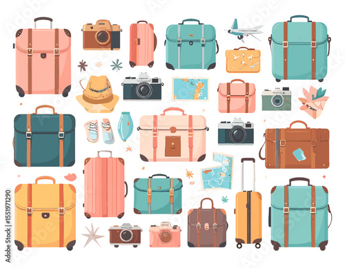 Assorted Luggage and Travel Item Collection with Cameras and Accessories on White Background Suitable for Travel Themed Projects