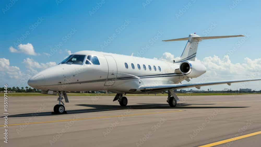 Modern private jet ready for boarding, situated on the airport runway with clear blue skies, Modern private jet ready for boarding, situated on the airport runway with clear blue skies,