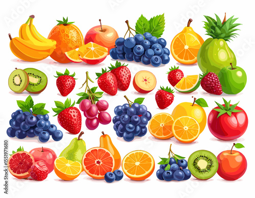 Assorted Pixel Art Fruits Abundance Featuring Bananas Oranges Apples Grapes Pears Strawberries and Kiwi Fruit on a White Background